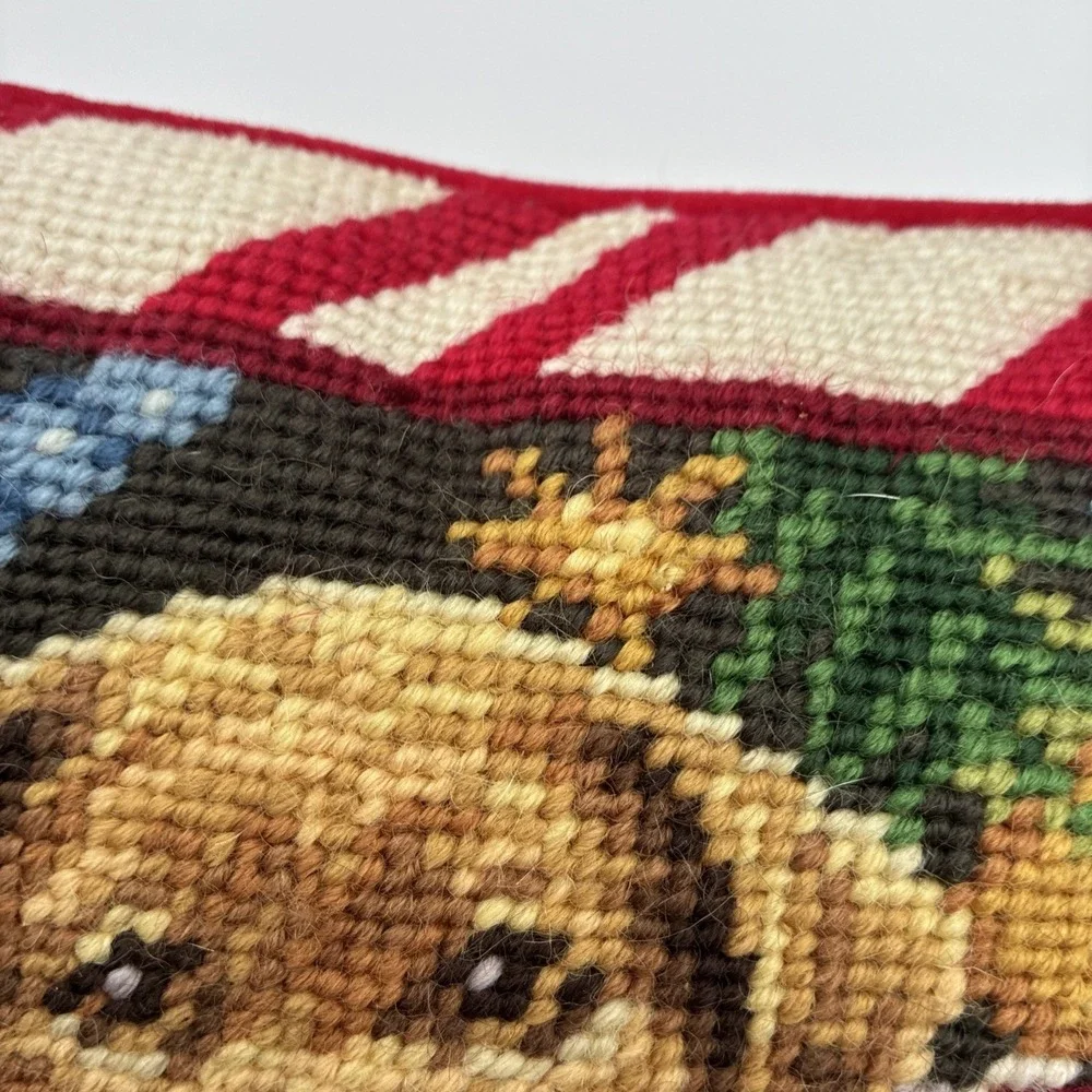 Vintage Christmas Needlepoint Pillow Golden Retriever Puppy in Boot Red Velvet